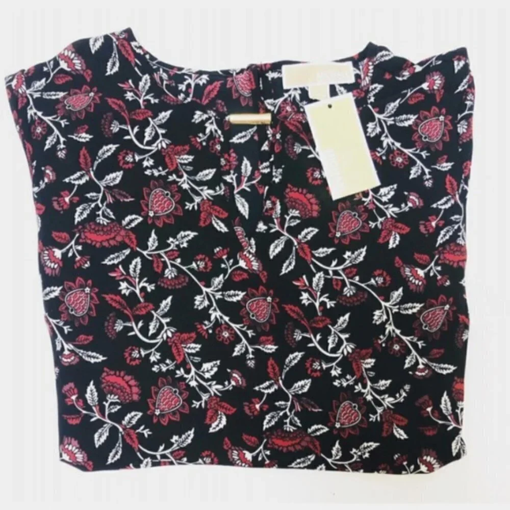 Michael Kors Womens Black Floral Long Bell Sleeve Peasant Blouse Sz M New